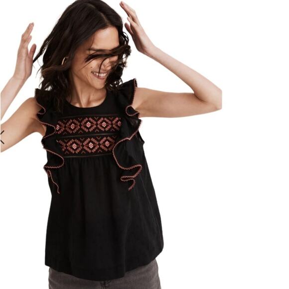 Madewell Tops - MADEWELL Embroidered Ruffle-Shoulder Tank Top Size XL